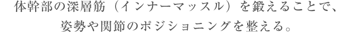 体幹部の深層筋（インナーマッスル）を鍛えることで、姿勢や関節のポジショニングを整える。